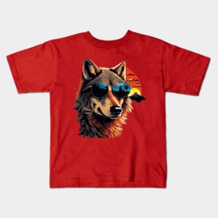 Cool wolf wearing sunglasses in the sunset Kids T-Shirt